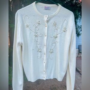 Stunning Vintage Penrose Embroidered Pearl Sequin Cardigan Sweater Cream Dita VT